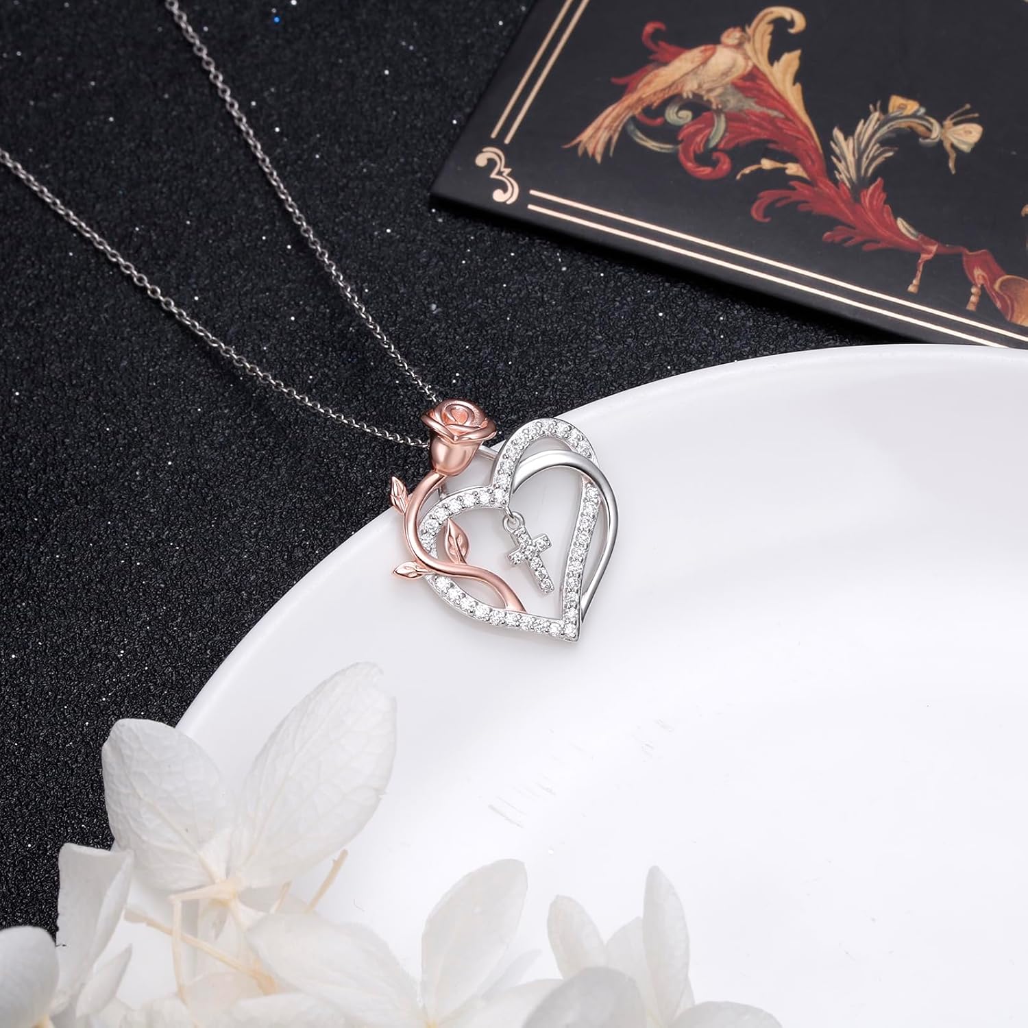 DAOCHONG Rose Flower Heart Necklaces for Women Cross Pendant 925 Sterling Silver Anniversary Jewelry for Her Love Gifts for Wife Sister Grandma Mom Mothers Day Valentines Birthday Christmas