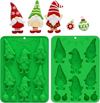 Christmas Silicone Molds, 2 PCS 3D Bell and Gnome Shape Mold, Xmas Decor Non-Stick Chocolate Deep Molds for Candy, Resin, Baking, Soap, Candles,Jello Green