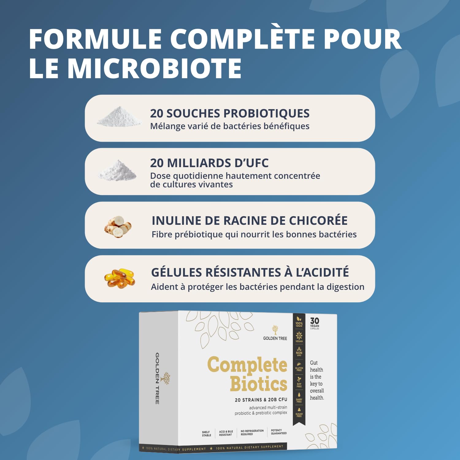 Golden Tree Complete Biotics – Probiotiques, 30 gélules | Avec 20 cultures et souches bactériennes, 20 milliards d’UFC par dose journalière, Gélules gastro-résistantes