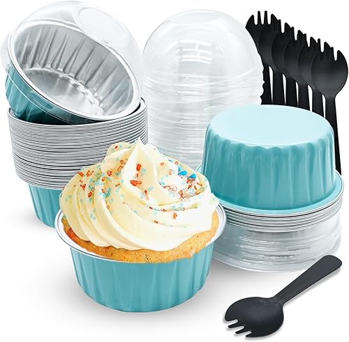 Tazas de aluminio para hornear con tapas, 30 piezas desechables de papel de aluminio de 5 onzas, moldes para cupcakes, recipientes para hornear,