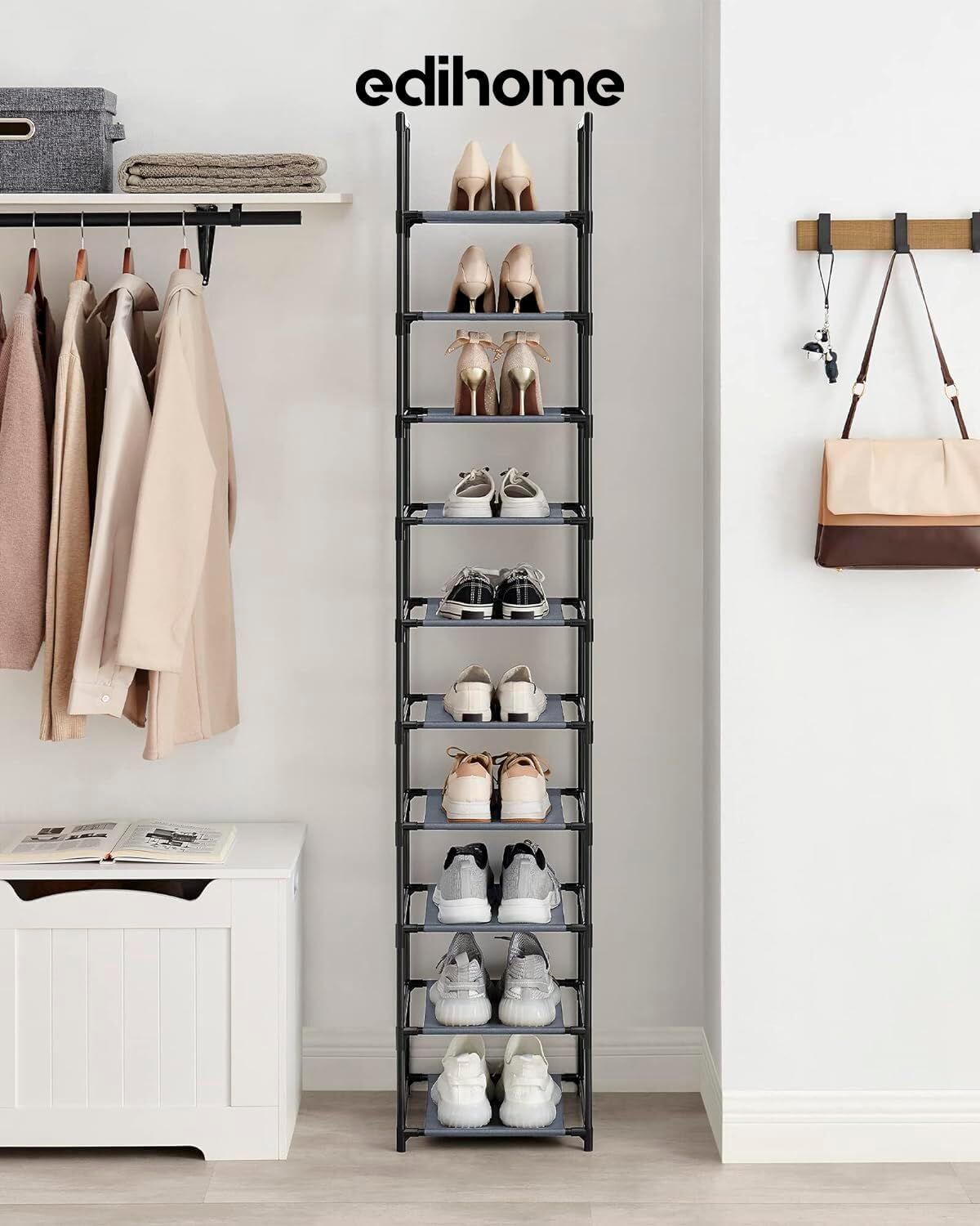 edihome, Scarpiera Slim, 10 Livelli, (33 x 33 x 173 cm), Organizzatore di scarpe, portascarpe alto e stretto, plastica, verticale, Show Rack (10 Livelli - L)