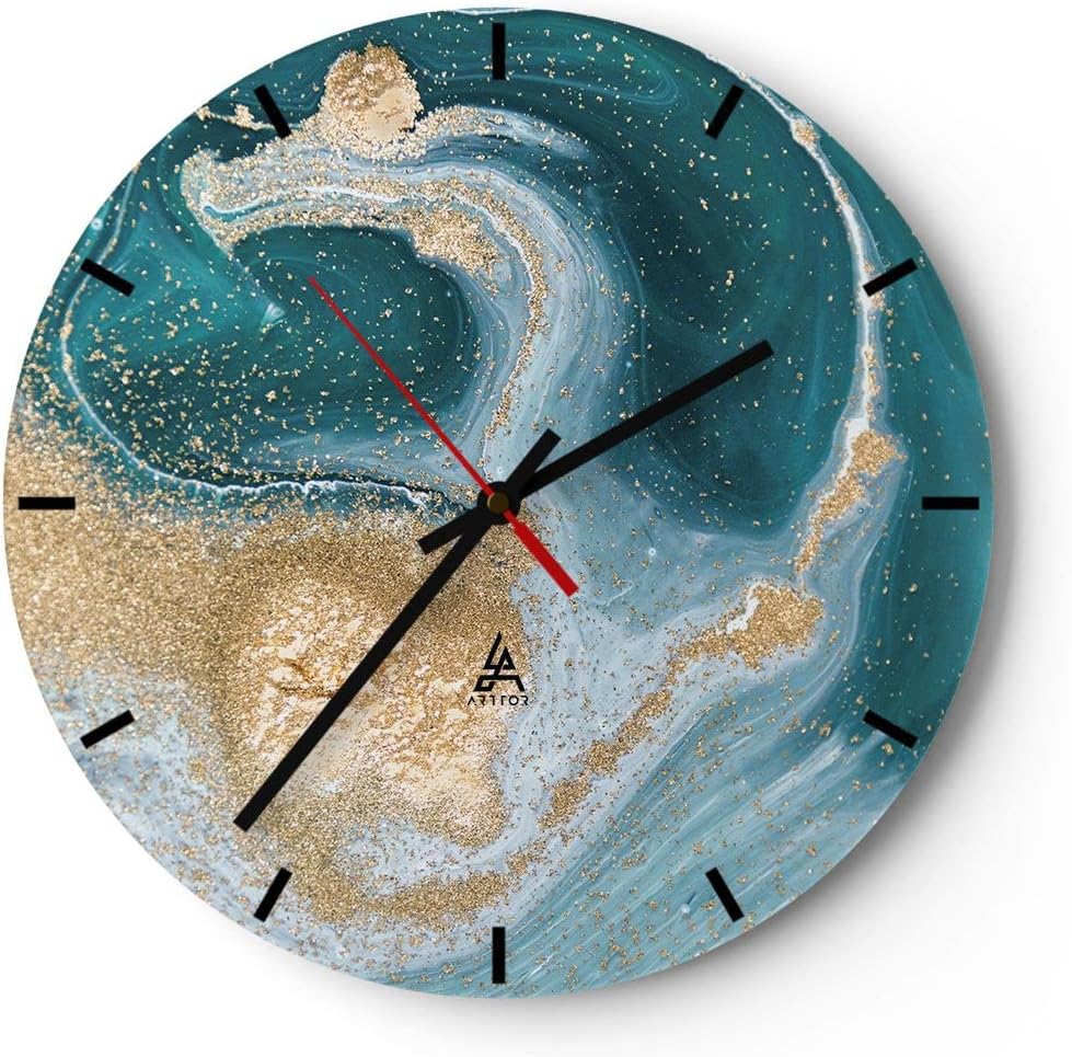 Modern Wall Clock Golden Turquoise Background 40 x 40 cm Round Large Wall Clock Glass Analogue Room Clocks Kitchen Office Living Room Glass Clock Wall Clock Decoration Design Wall Decoration Kitchen T rkis Hintergrund Golden Glas Analog Wanduhr Lautlos Wanddekoration Wohnzimmer K che Wanddeko K chenuhr Ger uschlos ARTTOR