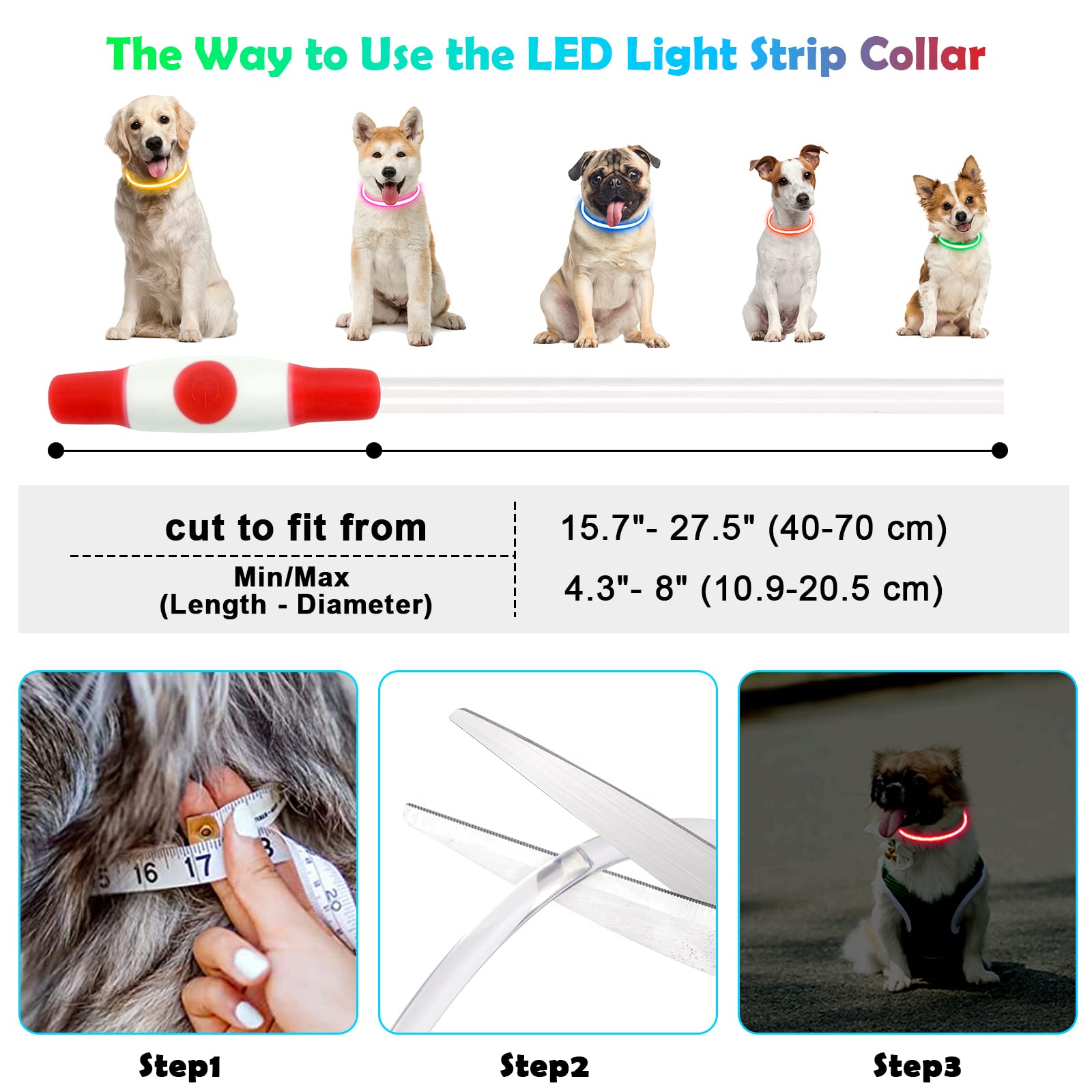 AUAUY Collare per Cani luminoso, Collare per Animali Domestico LED Ricaricabile USB, Impermeabile Tagliabile Collare Regolabile Adatto per Cani Gatti Taglia Piccola Media Grande（Rosso）