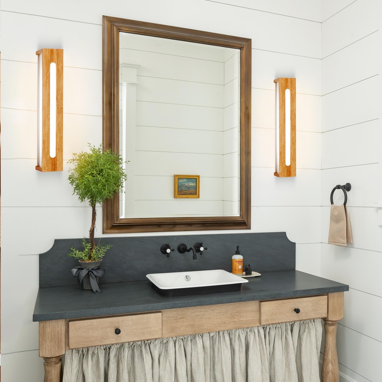 Lámpara de tocador rectangular de madera for baño, apliques LED estilo tronco sobre espejo, apliques rústicos de pared con pantalla acrílica for tocador, lámpara de espejo de pared.(Small)