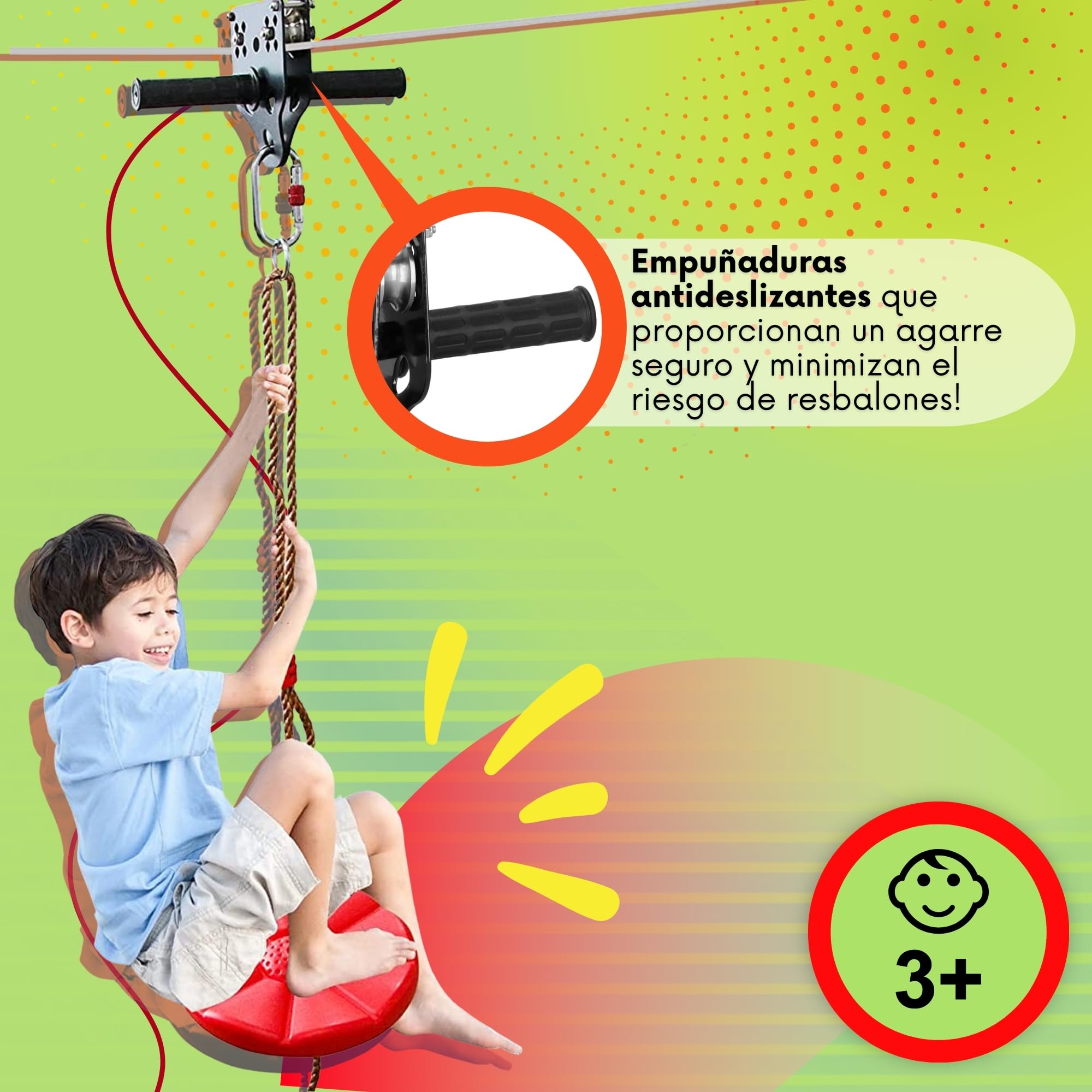 SPRINGOS Tirolín de 30m para niños - Set de teleférico Zipleine con carro deslizante, asiento, freno de seguridad y protección para árboles - hasta 120 kg - Equipo de escalada para exterior