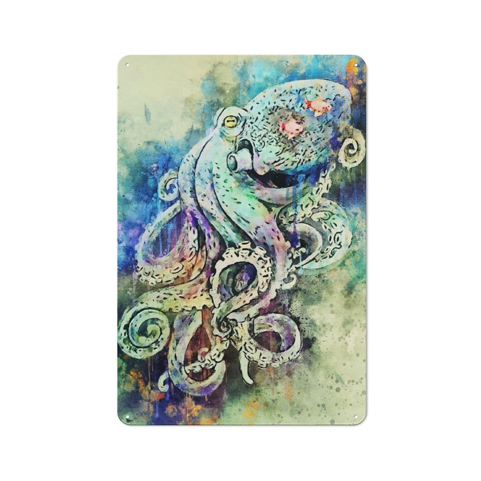 Industrial Tin Wall Sign 30x20cm Featuring Octopus, Urban Room Decor for Workspace, Cafe, Hallway Or Garage