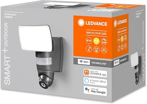LEDVANCE Smart Security LEDLight with Integrated Camera, FLOODlight for Outside with WiFi Technology, Control Via Mobile Phone App, Google Voice and Alexa Possible, Warm White (3000K), Smart+ Flood [Energy Class G]