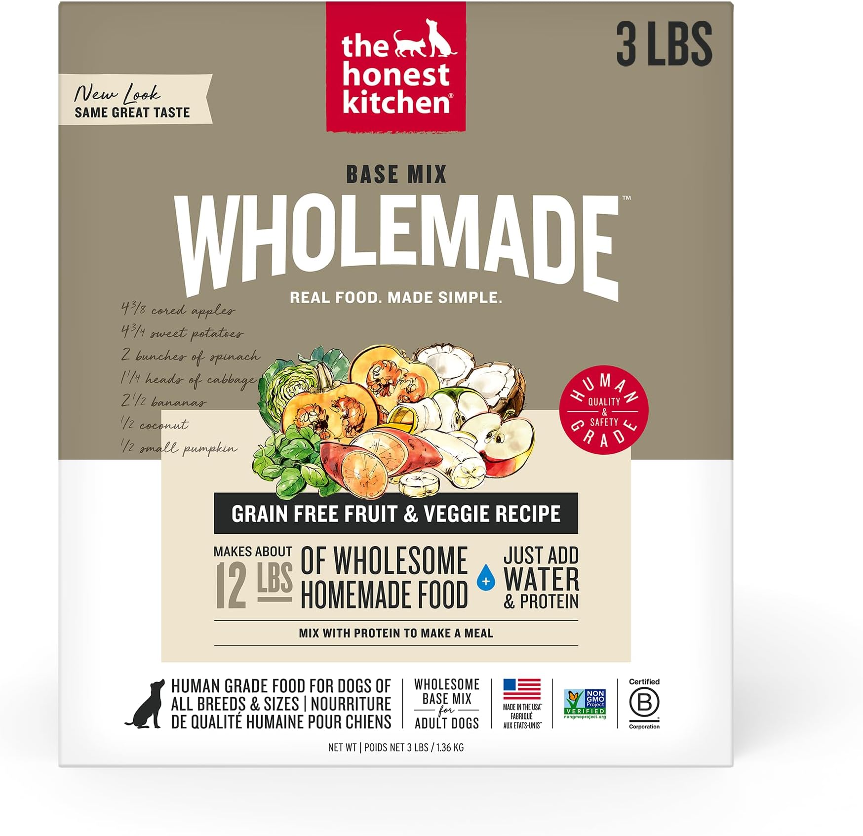 Human Grade Wholemade™ Dehydrated Dog Food, Grain Free Fruit & Veggie Base Mix Dog Food (Just Add Protein), 3 lb Bag
