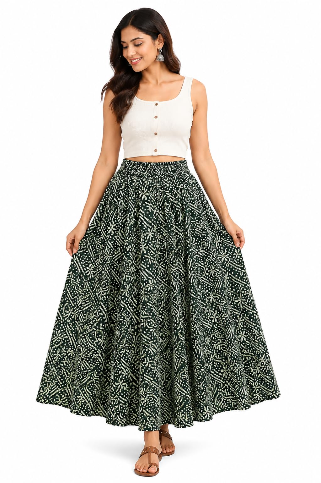 Women's Cotton Flared Long Skirt (Waist Size: 26" to 42"; Length 39 Inch, Size Fits to - M, L, XL) Dark Green-image-22