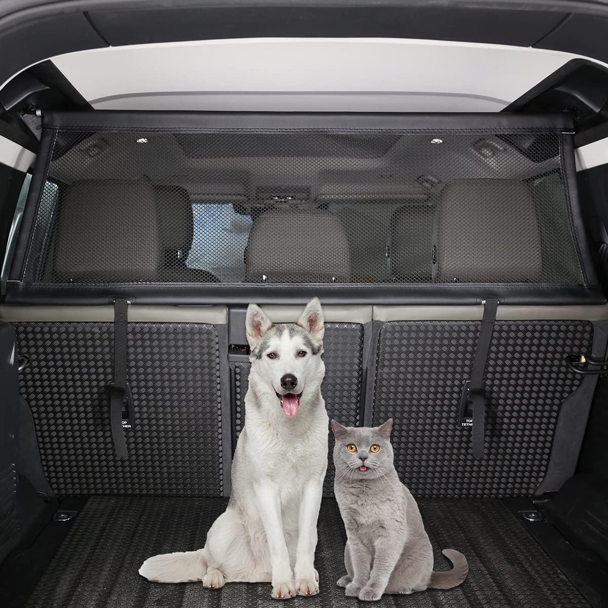 Universal Pet Barrier for Audi Q7 2016 2017 2018 2019 | Heavy-Duty Backseat & Trunk Dog Fence | Adjustable Mesh Car Divider Cargo Net for Travel Safety (Black)