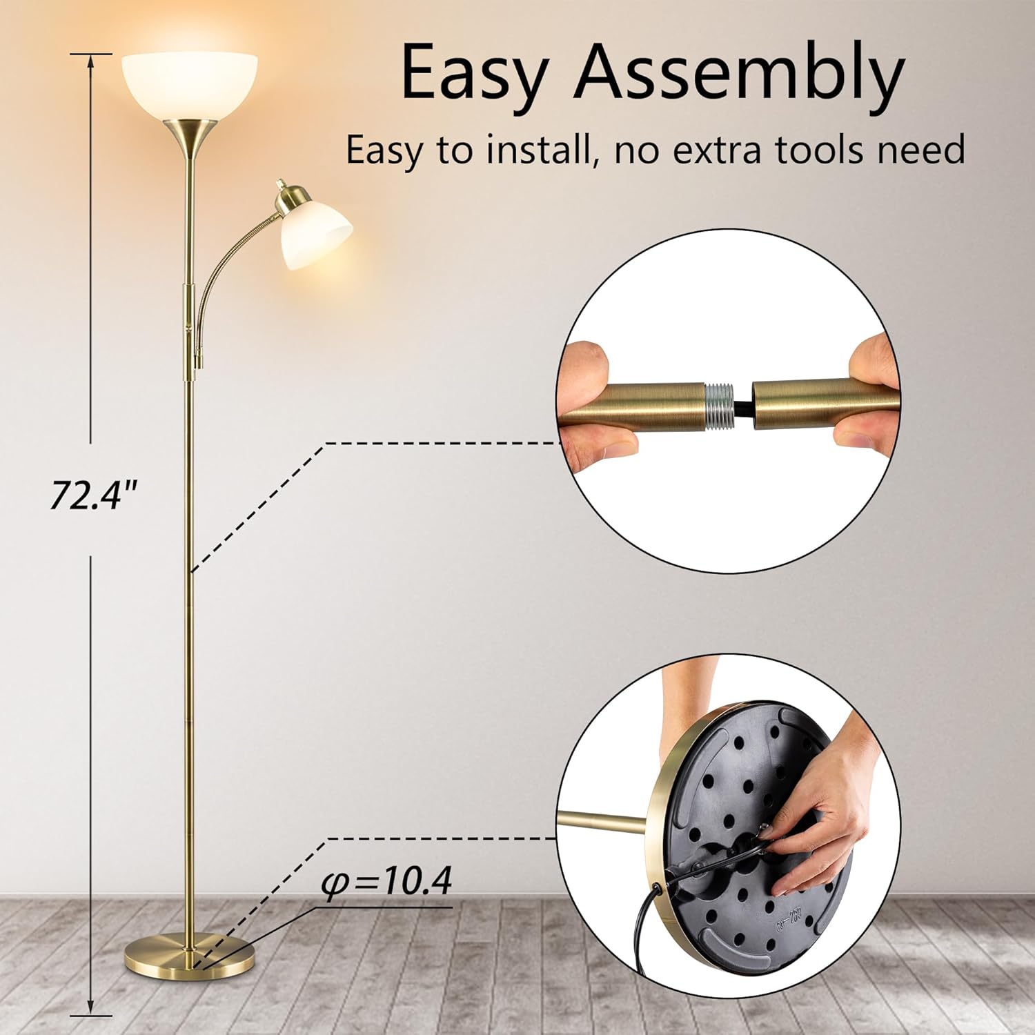 Floor Lamp, Dimmable Standing lamp, Stepless Dimming Brightness, Included 9W and 5W LED Bulbs, Industrial Floor Lamp for Living Room, Bedroom, Office, Reading