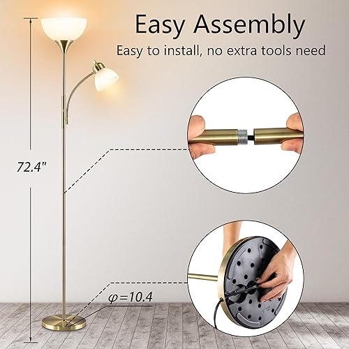 Miniatura 3 de Lámpara de pie, lámpara de pie regulable, brillo de atenuación continua, incluye bombillas LED de 9 W y 5 W, lámpara de pie industrial para sala de