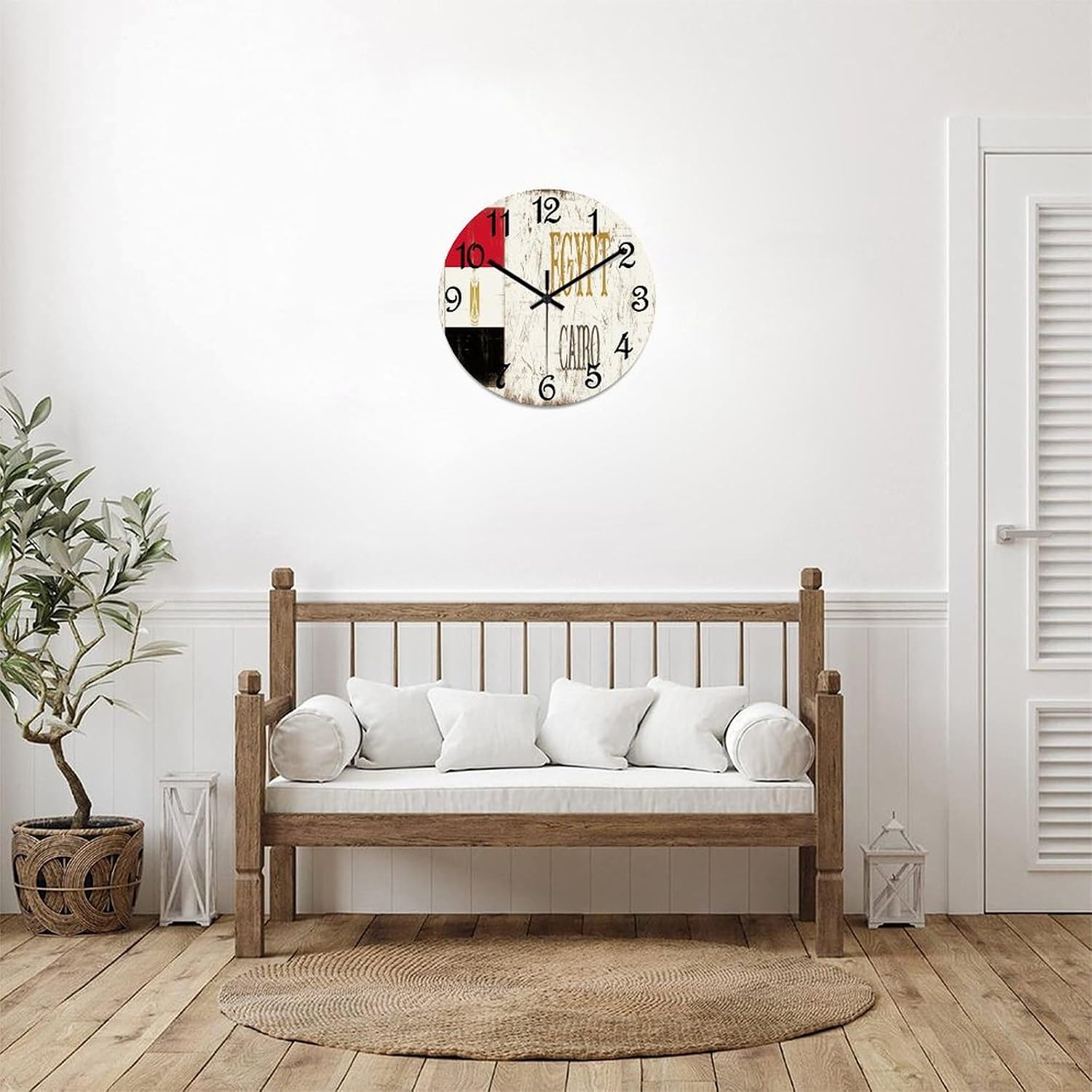 Egypt Cairo Wooden Wall Clock Egypt National Flag Hanging Wall Clock Battery Operated Non-Ticking Sweep 15 Inch Rustic Chic Farmhouse Wall Clock for Wall Laundry