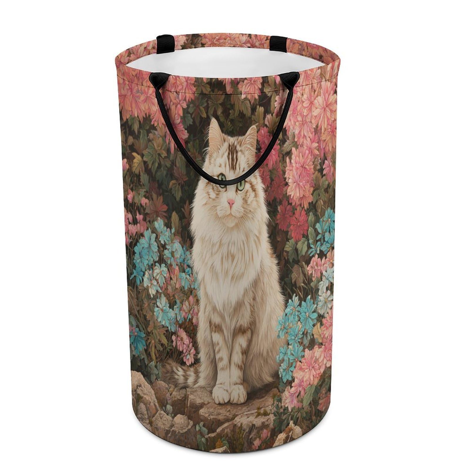 LUYYSKY Rustic Watercolor Cute Cat Collapsible Dirty Clothes Basket, Mid Century Spring Garden Animals Kitten Pattern Portable Clothes Storage Basket