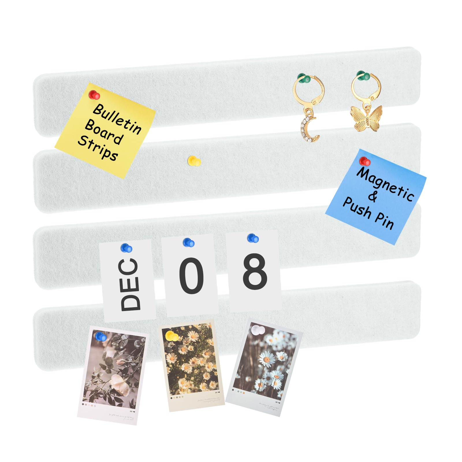 sourcing map 4Pcs Bulletin Board, Felt Pin Board Bar Strips Bulletin Board, Self-Adhesive Memo Notice Pin Cork Board with Pushpins for Paste Notes, Photos, Schedules, White
