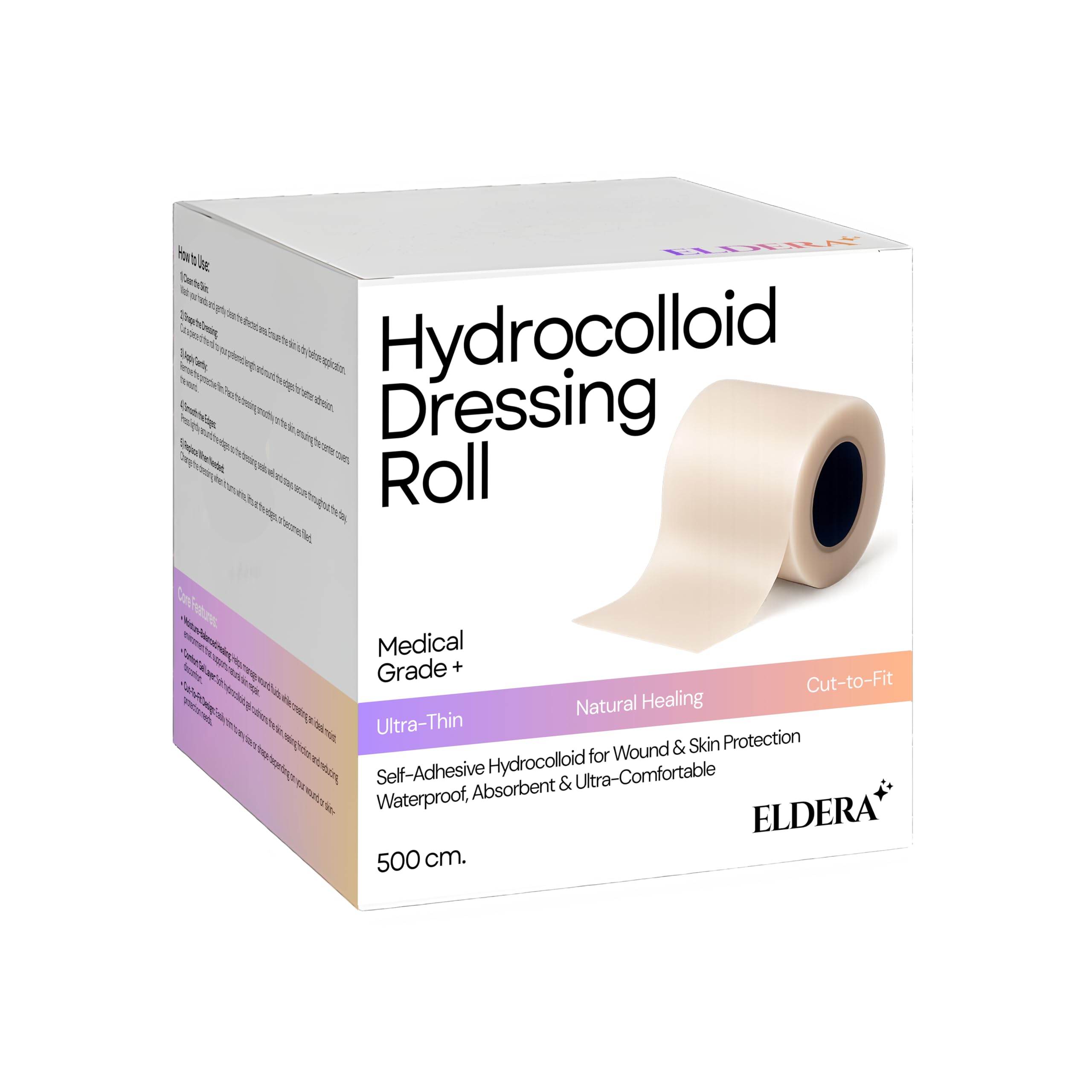 ELDERA Medical Grade Hydrocolloid Dressing Roll, For Wound And Acne Care, Waterproof Wound Care Tape, Cut-to-Fit for Blisters, Burns, Acne & Skin Protection (5 Cm x 500 Cm)