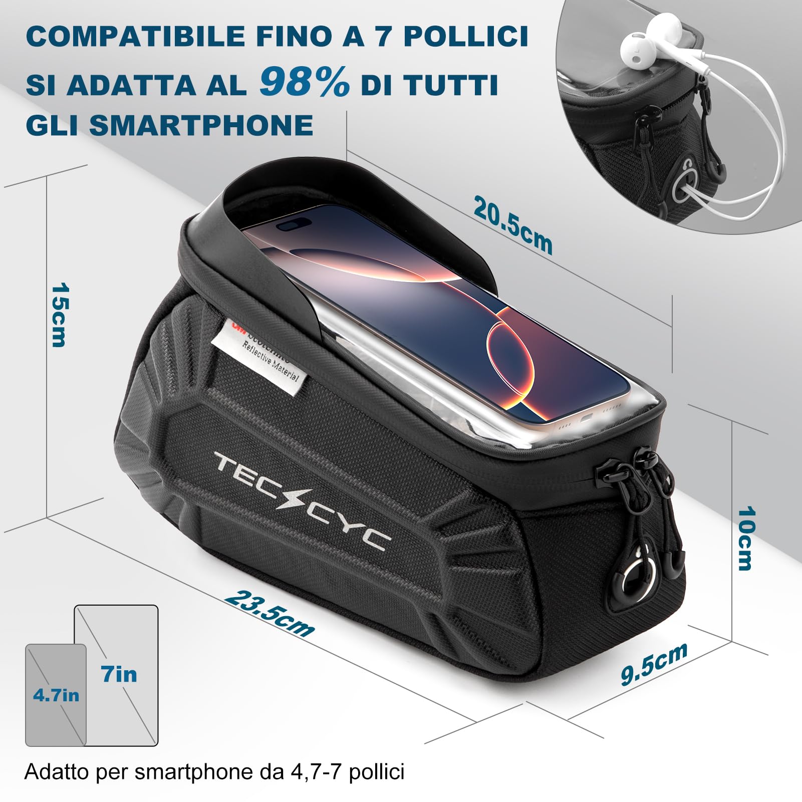 TECHCYC Borsa Telaio Bici con Riflettente, Borsa Bici con Touchscreen TPU,Borsello Tubo Anteriore Bici Impermeabile Antigraffio Tasca Cellulare 7 Pollici,per MTB,Bici Gravel,Bici Strada,Bici Elettrica