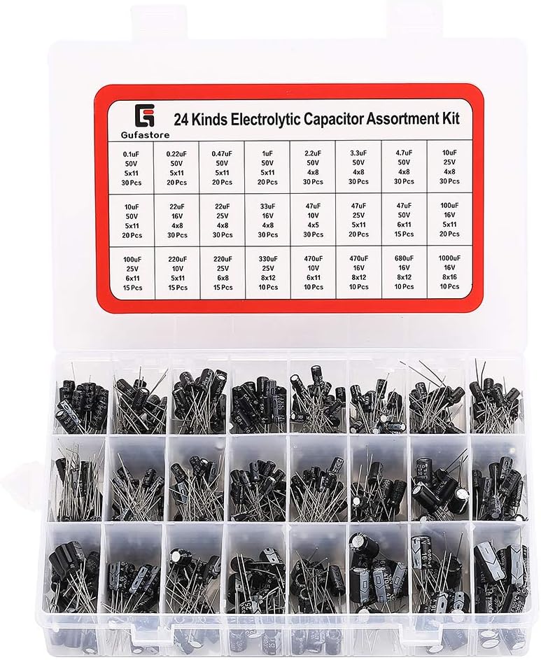 Gufastore 24 Kinds 500Pcs Electrolytic Capacitor Range 0.1uF－1000uF Assortment Kit with Anti-Static Tweezers