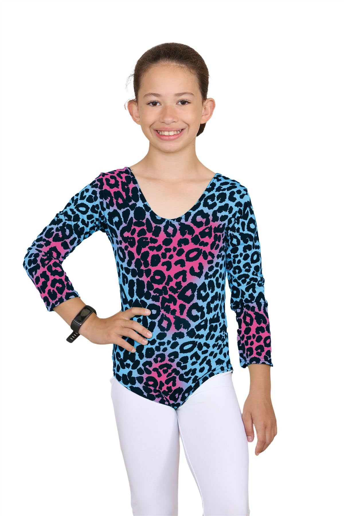 janisramone® Girls Gymnastics Leotards, Long Sleeve Kids Leopard Print Bodysuit, Scoop Neck Stretchy Dance Ballet Leotard for Girls, Soft Microfiber Kids Bodysuit