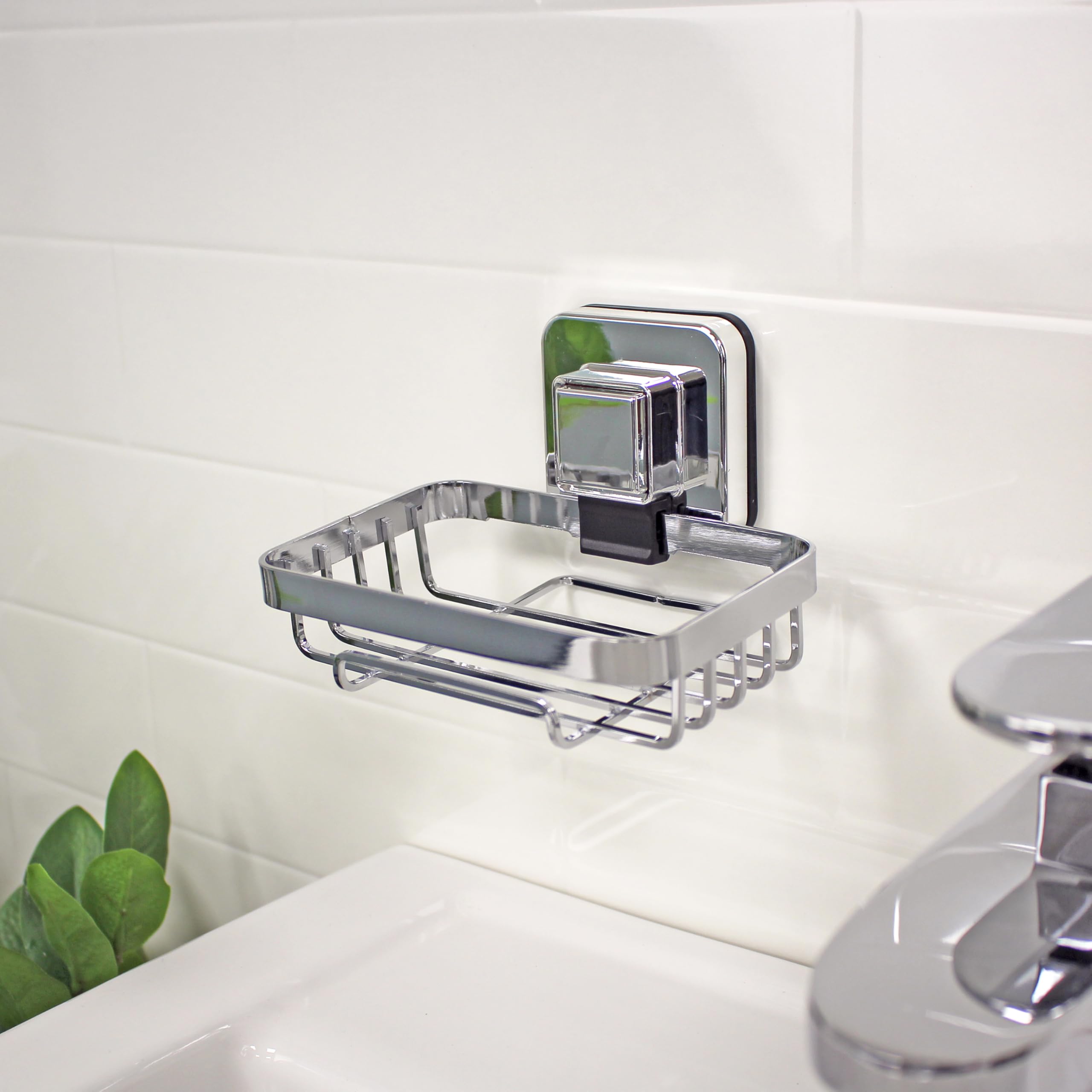 Showerdrape Pushloc Chrome Steel Suction Wall Mounted Soap Basket with Mounting Squares