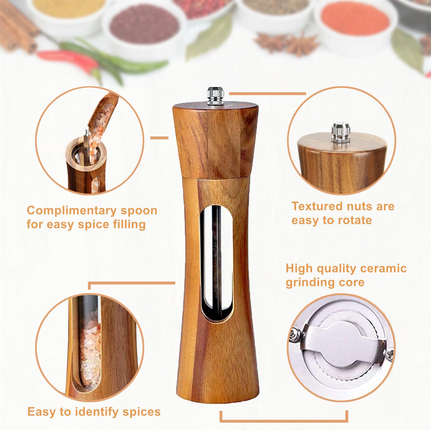 Salz und Pfeffermühle Holz Set Manuelle Pfeffermühle Keramikmahlwerk Gewürzmühle Salzmühle mit untersetzer Verstellbarem für Gewürze Pfeffer Salz 2er Set 20 cm