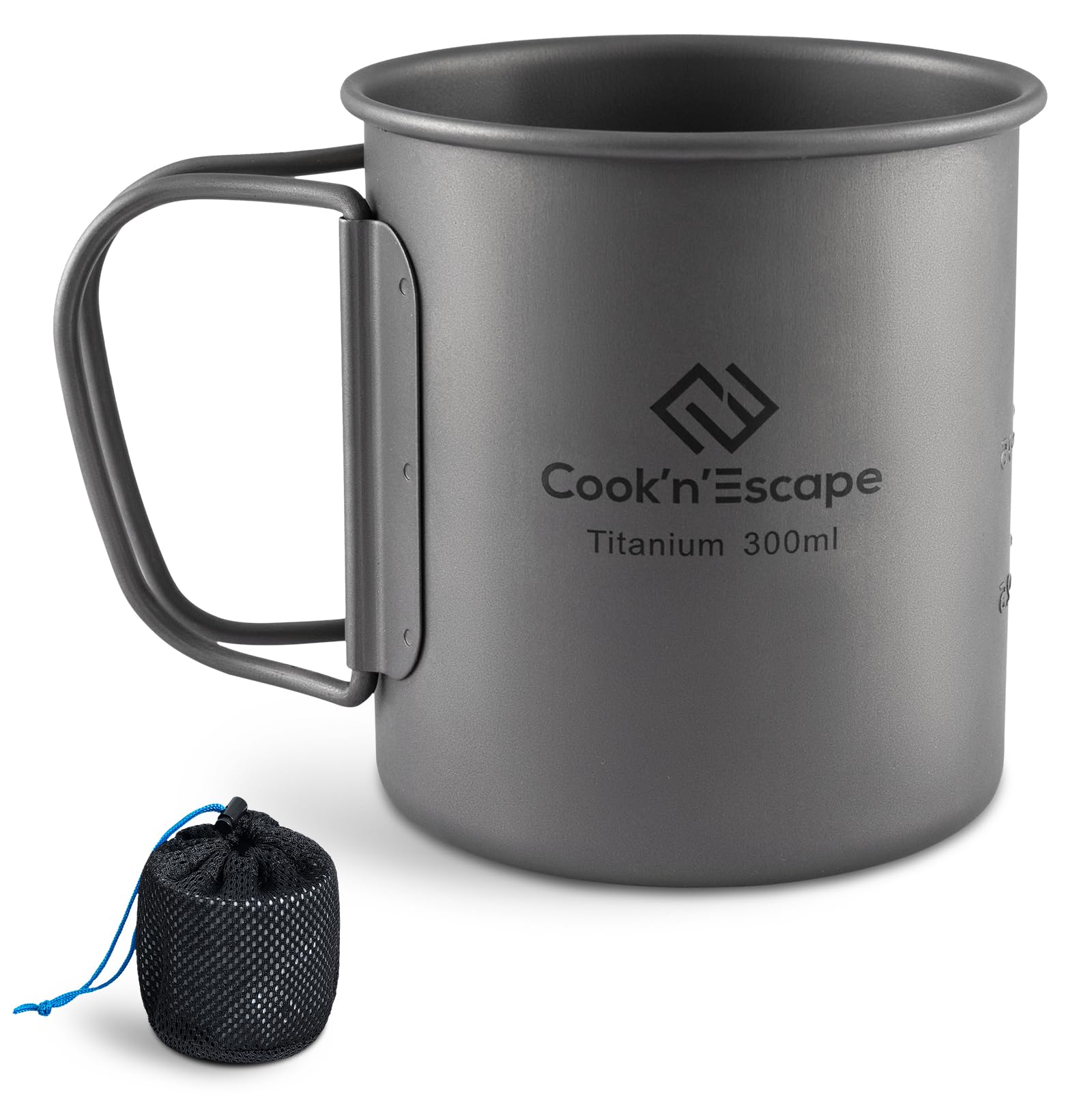 COOK'N'ESCAPE Titan Becher, ultraleichte robuste Camping Tasse | Titan tasse aus Titanium mit klappbarem Griff, Aufhängbar, Hitzebeständig, ideal für Camping, Wandern, Outdoor und Picknick