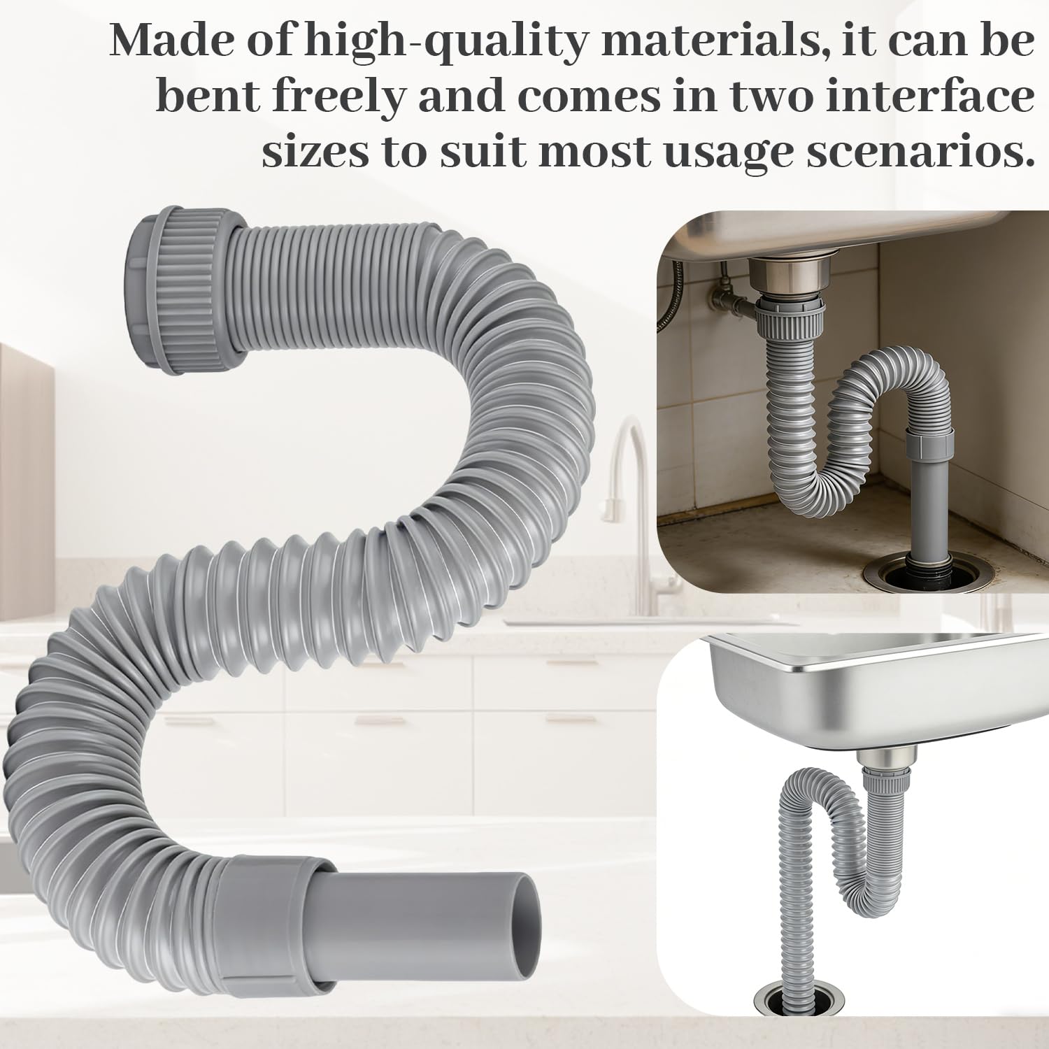 Tubo de desagüe flexible 45 mm, tubo extensible para fregadero, manguera con refuerzo de acero, adaptador 40 mm, kit duradero para cocina y baño (Gris) — view 7
