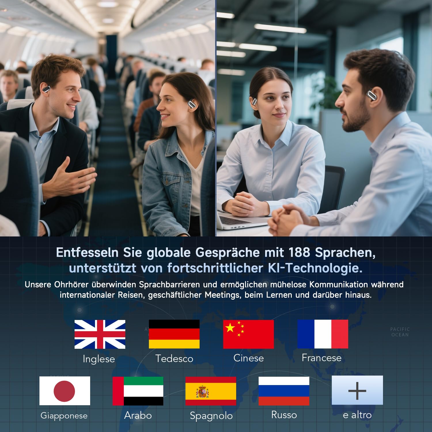 AI Cuffie Traduzione 4-in-1 in 188 Lingue Bluetooth 6.1 Auricolari Cuffiette Traduttore Istantaneo Vocale,Open Ear 60 ore Cancellazione Rumore ENC,IPX7 Traduttori Istantanei Vocali per Affari, Viaggi