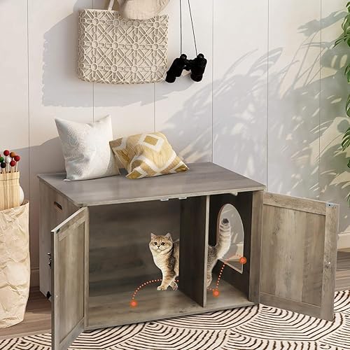 Miniatura 7 de Caja de arena para gatos, muebles de caja de arena ocultos con divisor extraíble, muebles de baño de madera para gatos, casa interior para gatos,
