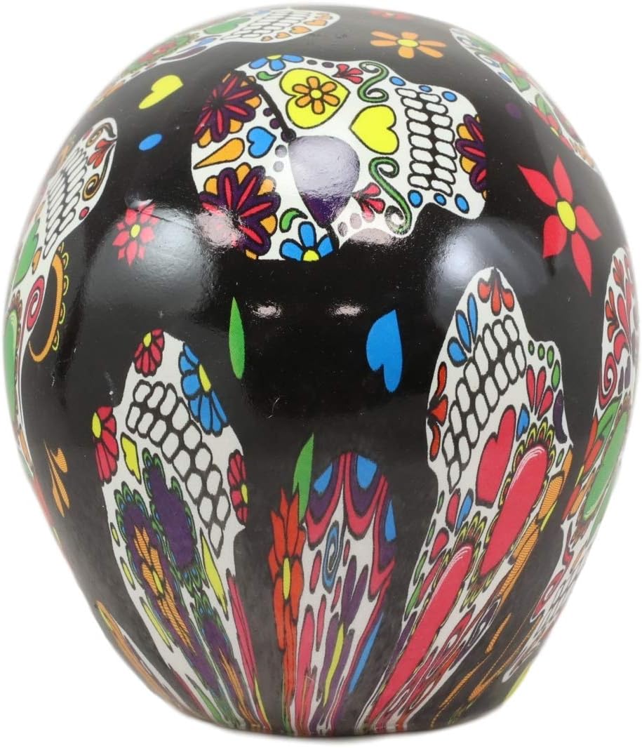 Ebros Gift Day of The Dead Black Sugar Skull with Floral Parade Mask Skulls Imprint Statue As Decorative Halloween Prop Gothic Haunted Themed Skeleton Cranium Figurine