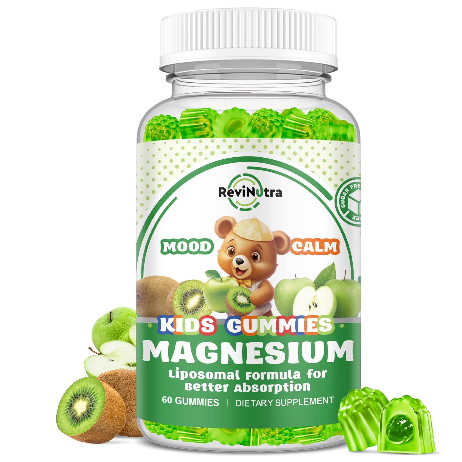 Liposomal Kids Magnesium Gummies- Magnesium Glycinate Gummies for Kids Supplement-w/Omega-3, Vitamin B6, D3- Support Calm Stress Relief, Bones, Mood, Green Apple & Kiwi Flavor, 60 Count Apple & Kiwi 60 Count (Pack of 1)