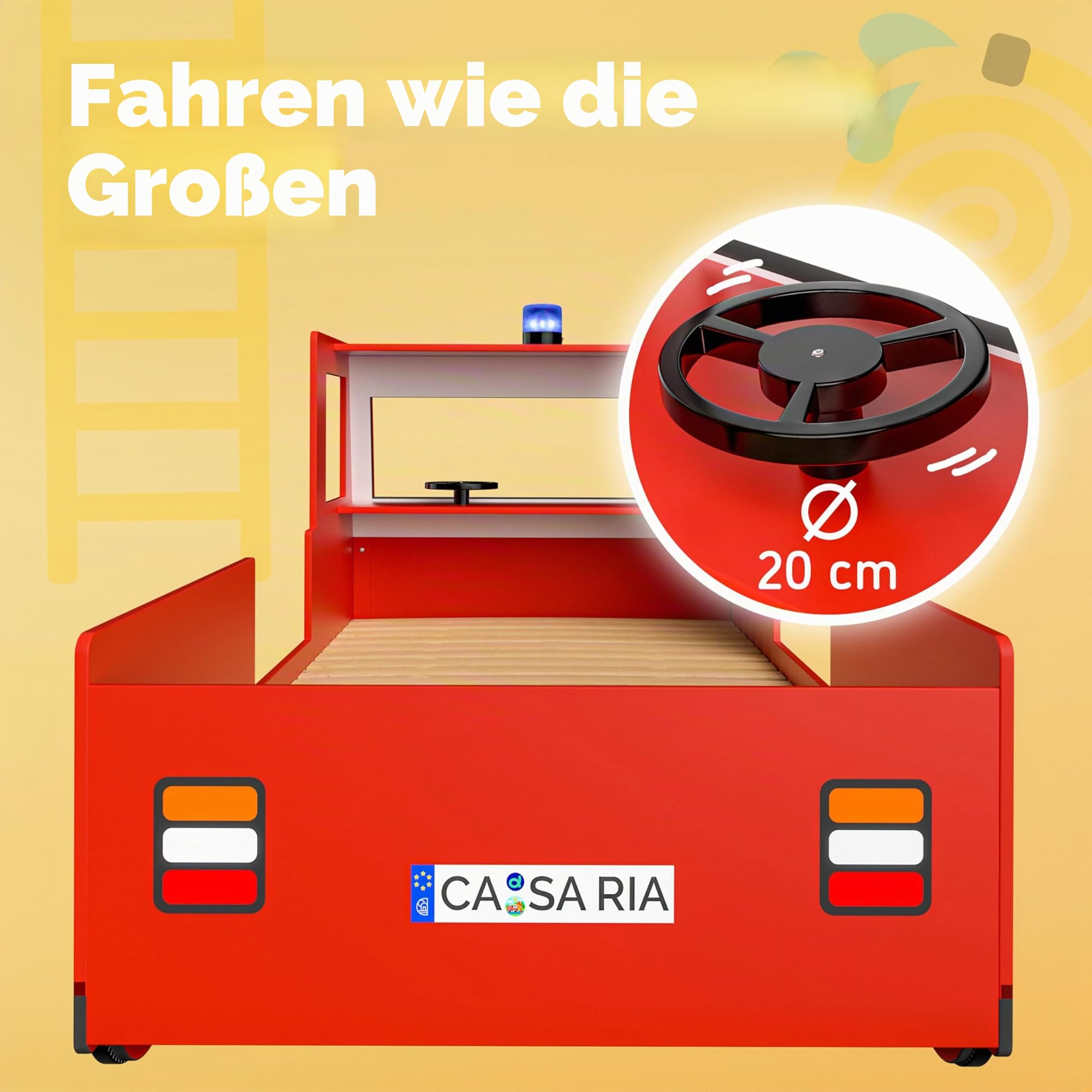 CASARIA Kinderbett 90 x 200 cm mit Rausfallschutz Lattenrost 120 kg | Bis 120 kg belastbar, stabiles MDF-Verbundholz, mit Echtlicht Sirene, 3D Lenkrad, Feuerwehr-, Jugend-, Auto- Bett