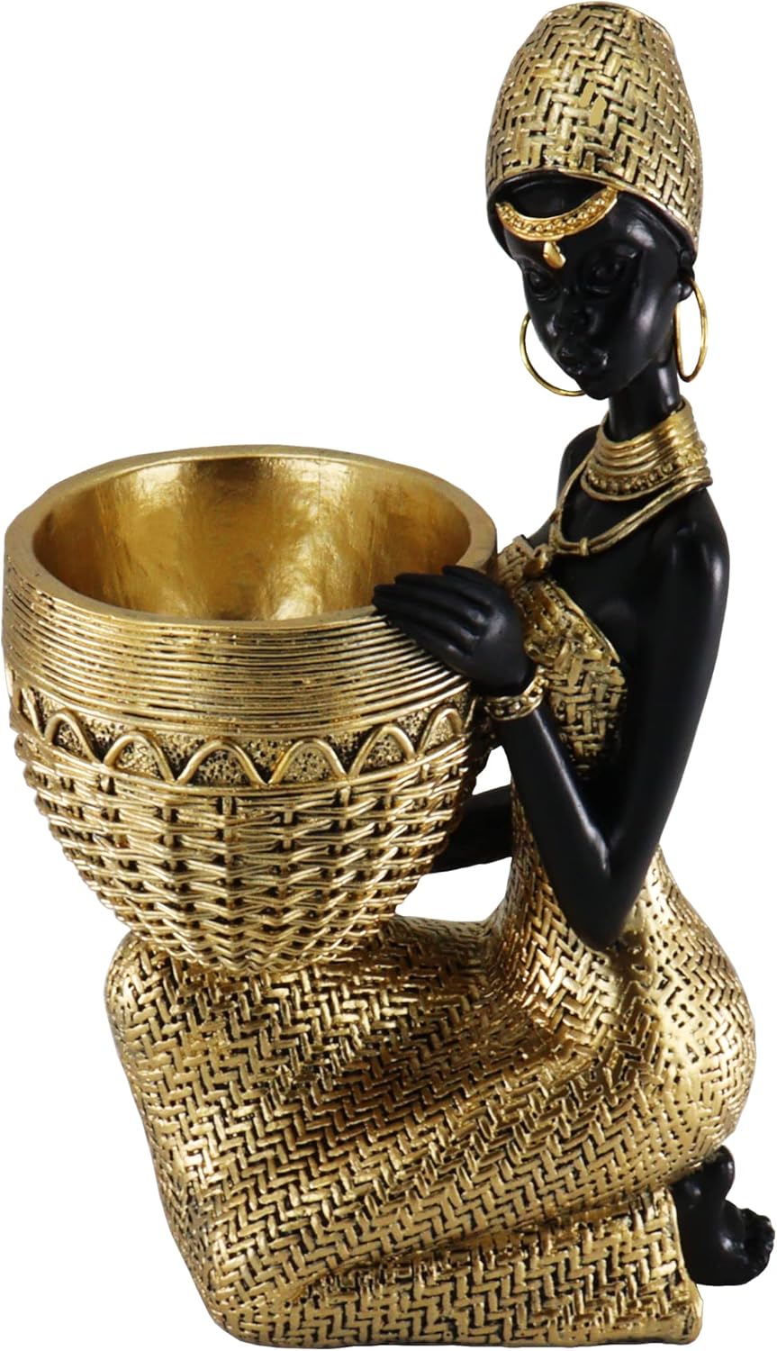 Handmade African Tribal Woman Sculpture - Gold Adorned Seated Figure with Basket, Vintage Resin Statue for Home Decor, Unique Housewarming Gift for Shelf/Table (9.65" H) - Image 2