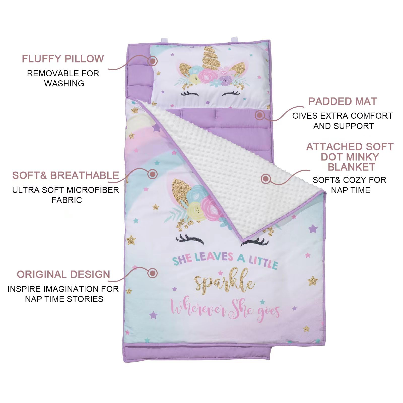 Cokouchyi Extra Large Toddler Nap mat, Toddler Sleeping Bag with Removable Pillow, Measures 53 x 21 x 1.5 Inches, Sleeping Mat for Girls, Ideal for Daycare and Preschool Kindergarten, Unicorn