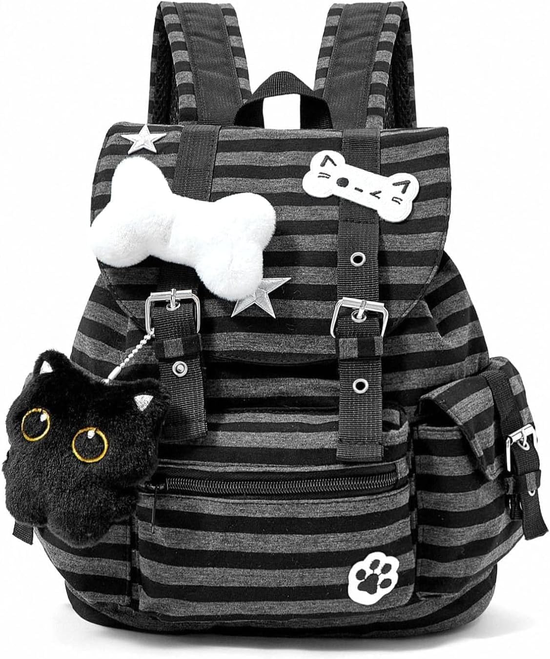 Y2K Striped Backpack Kawaii Coquette Backpack with Black Cat Charm