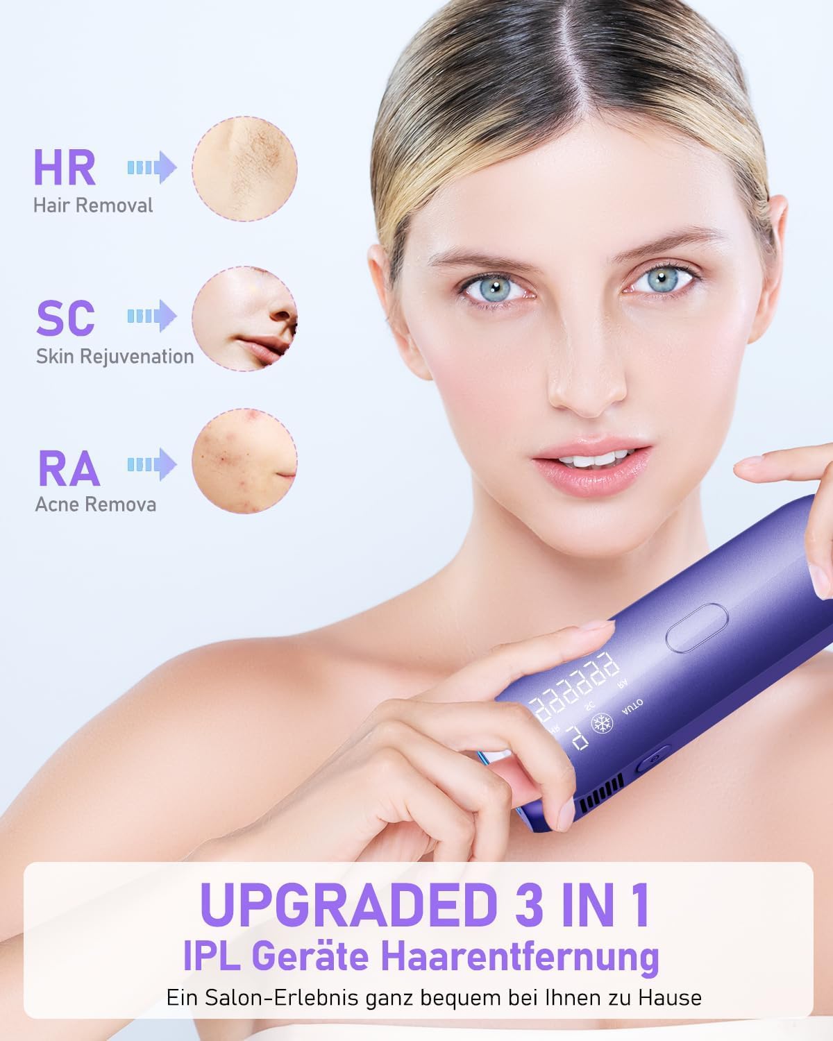 Depilazione laser con sistema di raffreddamento a ghiaccio, dispositivi IPL depilazione laser 9 livelli di energia e 3 funzioni HR/SC/RA,999,900 impulsi di luce laser per uomini, donne, viso, ascelle,