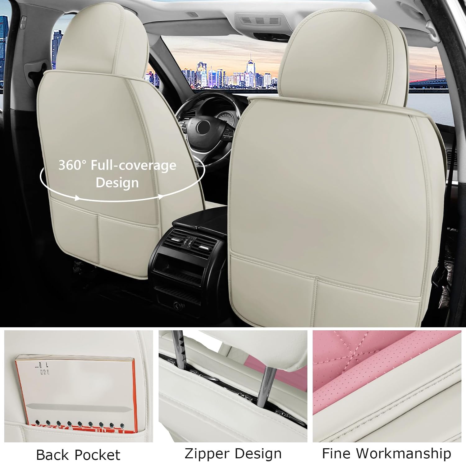 otoez Car Seat Covers Full Set, Nappa Leather Seat Covers for Cars with Lumbar Support, Breatheable Automotive Seat Cover Protector Universal Fit for Most Car Sedan SUV Truck, Pink & White image 4