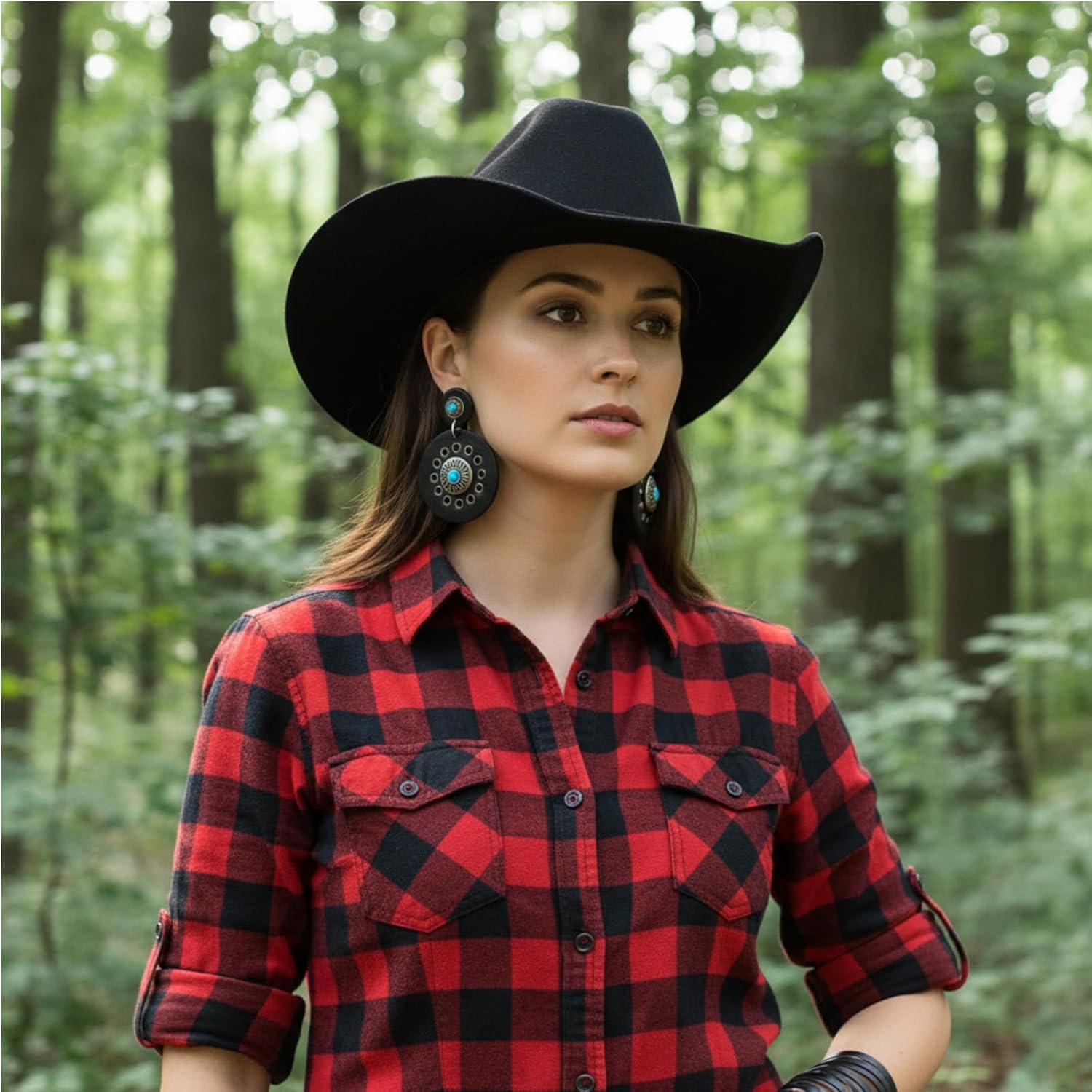 Western Turquoise Earrings for Women Cowboy PU Leather Round Drop Dangle Earrings Bohemian Disc Earrings for Country Concerts Cowgirl Vintage Party Costume Accessories - Image 5