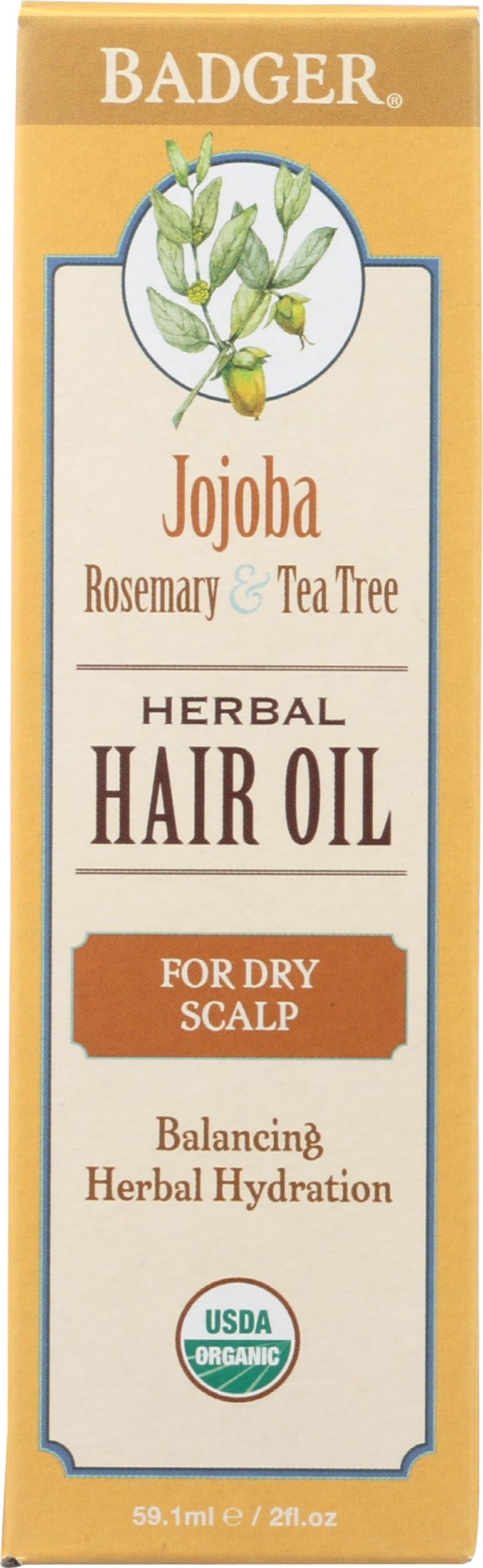 Badger Organic Jojoba Hair Oil & Dry Scalp Treatment, Soothing & Moisturizing Itchy Dry Scalp Oil, Rosemary Hair Oil, Organic Jojoba Oil Hair & Scalp Moisturizer, 2 fl oz Glass Bottle