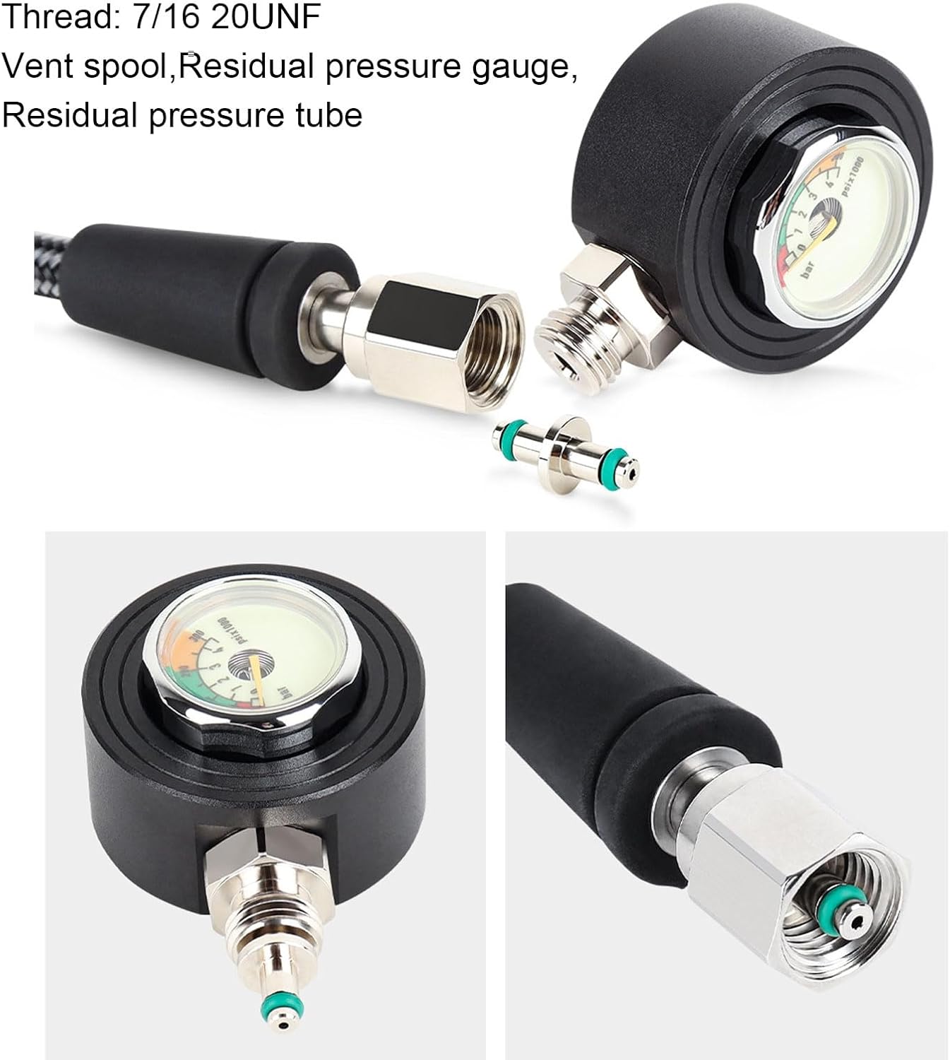Scuba Diving Pressure Gauge, Professional Luminous Submersible Diving Night Glow Pressure Gauge, with High Pressure Hose, for BCD Regulator Underwater Diving