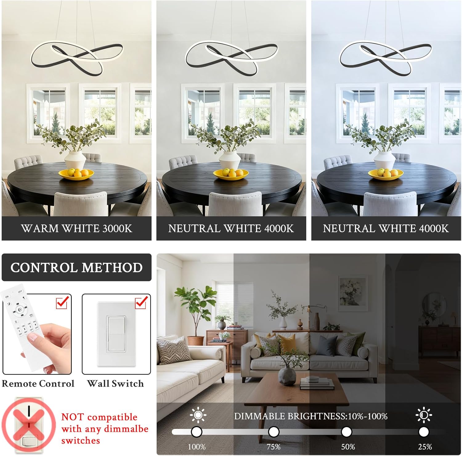 Modern Chandelier Black D20in LED Pendant Light Fixtures for Kitchen Island, Contemporary Ring Chandelier High Ceiling with Remote Control for Dining Room Living Room Entryway, 3000-6500K