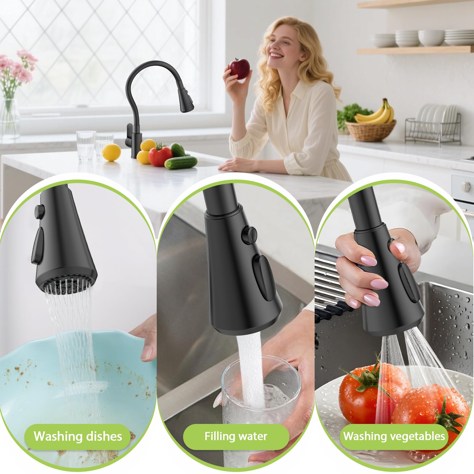 Hurran Robinet de Cuisine Avec 3 Modes de Pulvérisation, Robinet Cuisine Pivotant À 360° avec Tuyau en Silicone, Mitigeur en Acier Inoxydable, Noir Mat