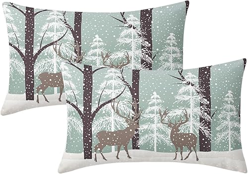Winter Wildlife - Juego de 2 fundas de almohada rectangulares rectangulares de 12 x 20 pulgadas, diseño de reno de Navidad, árbol de copo de nieve,