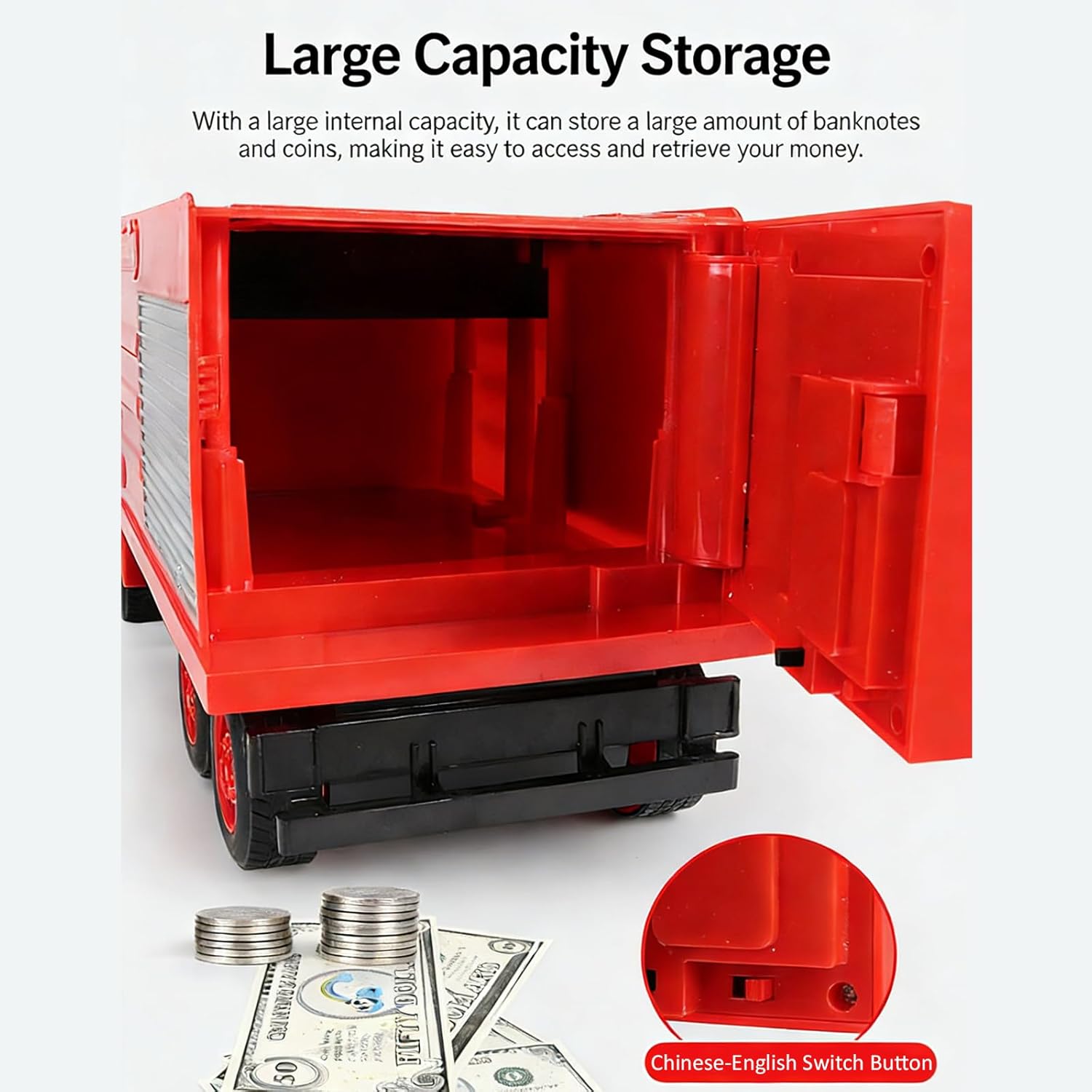 Interactive Electronic Savings Transport Toy with Rolling Music Shake to Count and Bilingual Mode Change Money Management Toy