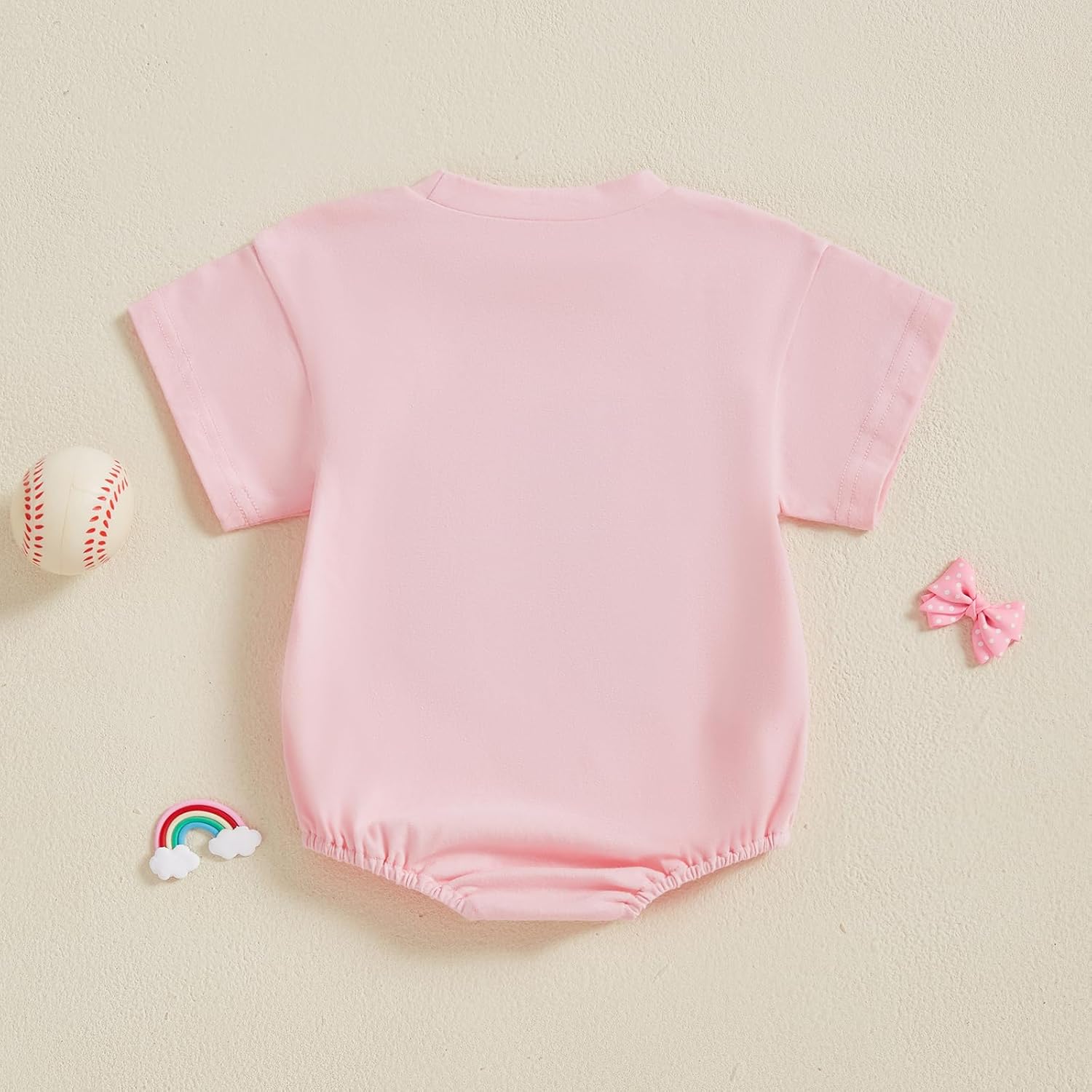 Newborn Summer Outfit Baby Girl Baseball Bow Embroidery Bubble Romper Short Sleeve One Piece Bodysuit - Image 3