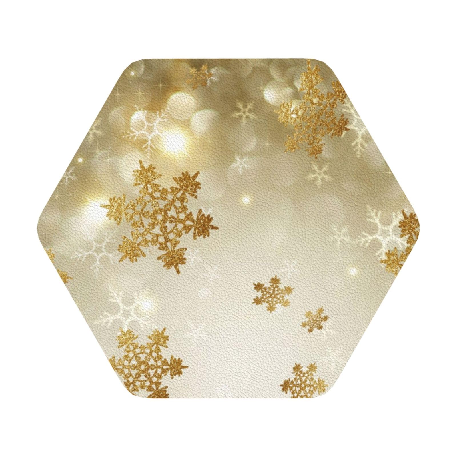 Gold silk christmas PU Leather Coasters Set of 6 Hexagon Drink Coasters
