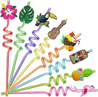 Hawaiian Luau Party Favor Drinking Straws (24 Pcs) Summer Beach Pool Birthday Party Supplies Reusable Plastic Drink Straw for Tropical Luau Party (2 Pcs Cleaning Brushes inside)…