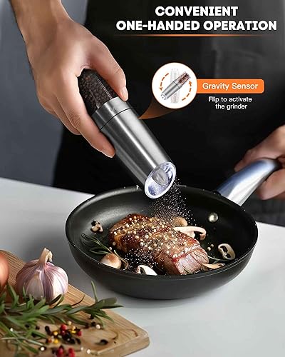 Miniatura 2 de AmuseWit Gravity Juego de Molinillos Eléctricos de Sal y Pimienta Luz Blanca - Molinos de Sal y Pimienta Automáticos a Pilas, Grosor Ajustable,