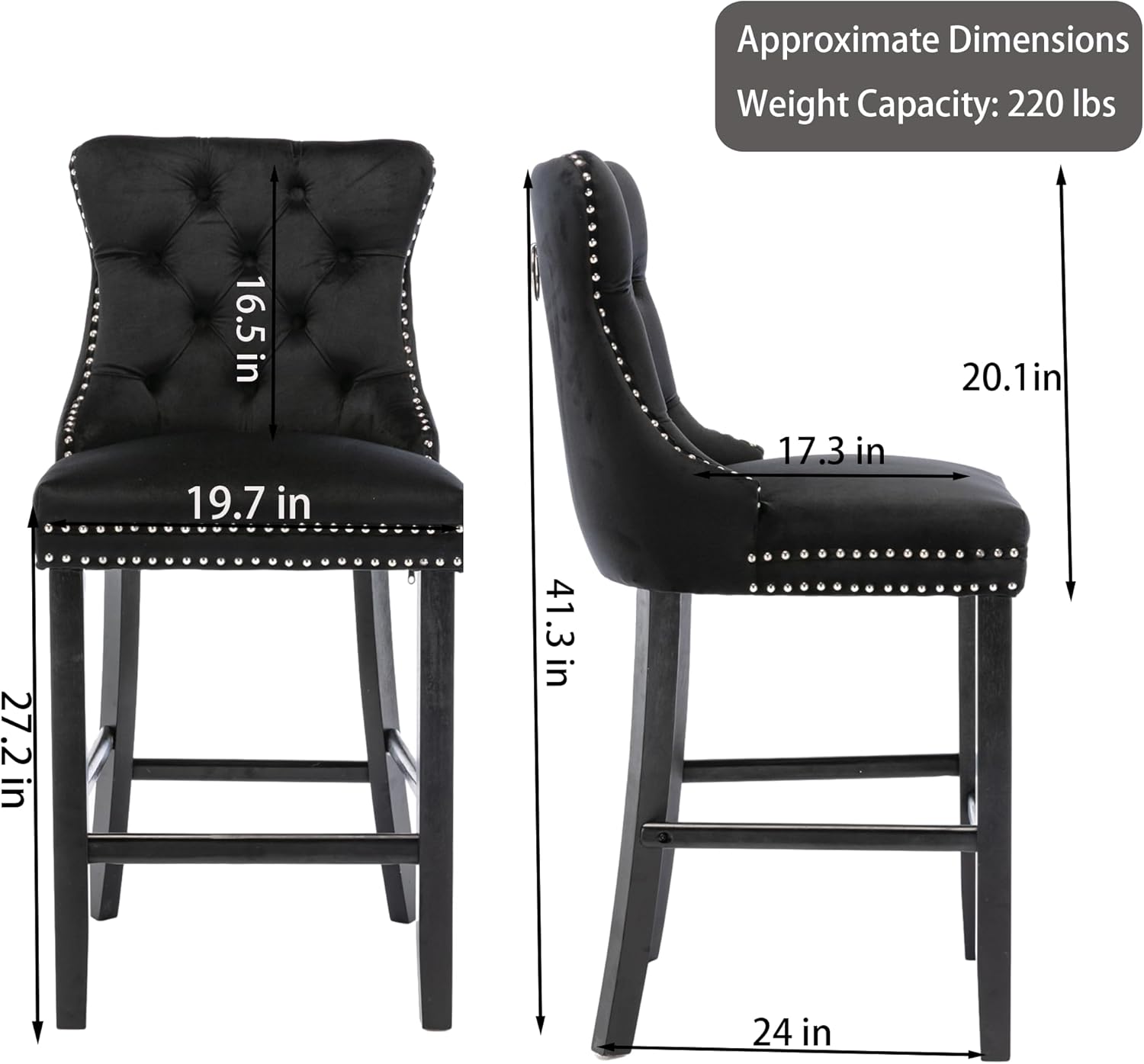 Rhomtree 27" Modern Velvet Upholstered Bar Stools with Wood Legs Button Tufted Chrome Nailhead Counter Height Bar Stools Seat Armless Bar Chairs for Kitchen Island or Home Pub (Black, Set of 4)