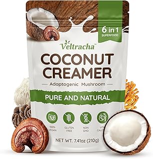Veltracha Mushroom Coffee Creamer, Superfood Coconut Creamer Powder with 6 Adaptogenic Mushrooms - Reishi, Turkey Tail, Lions Mane, Non-Dairy Coffee Powdered Creamer for Energy & Focus & Digestion, 30 Servings (Large, Coconut)